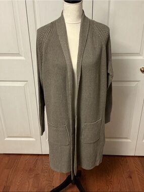 Men's Open-Front Long Knit Cardigan in Olive Gray